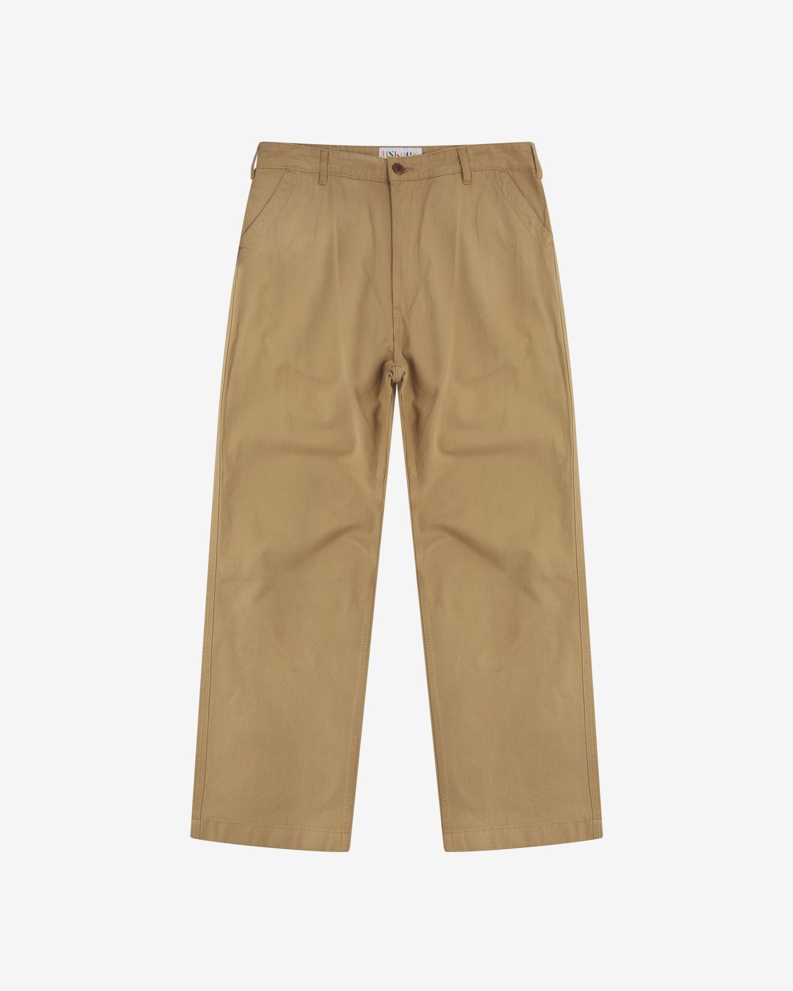 Full-length front view of Uskees twill workwear pants in khaki. Showing Corozo button fastening and tapered leg fit.