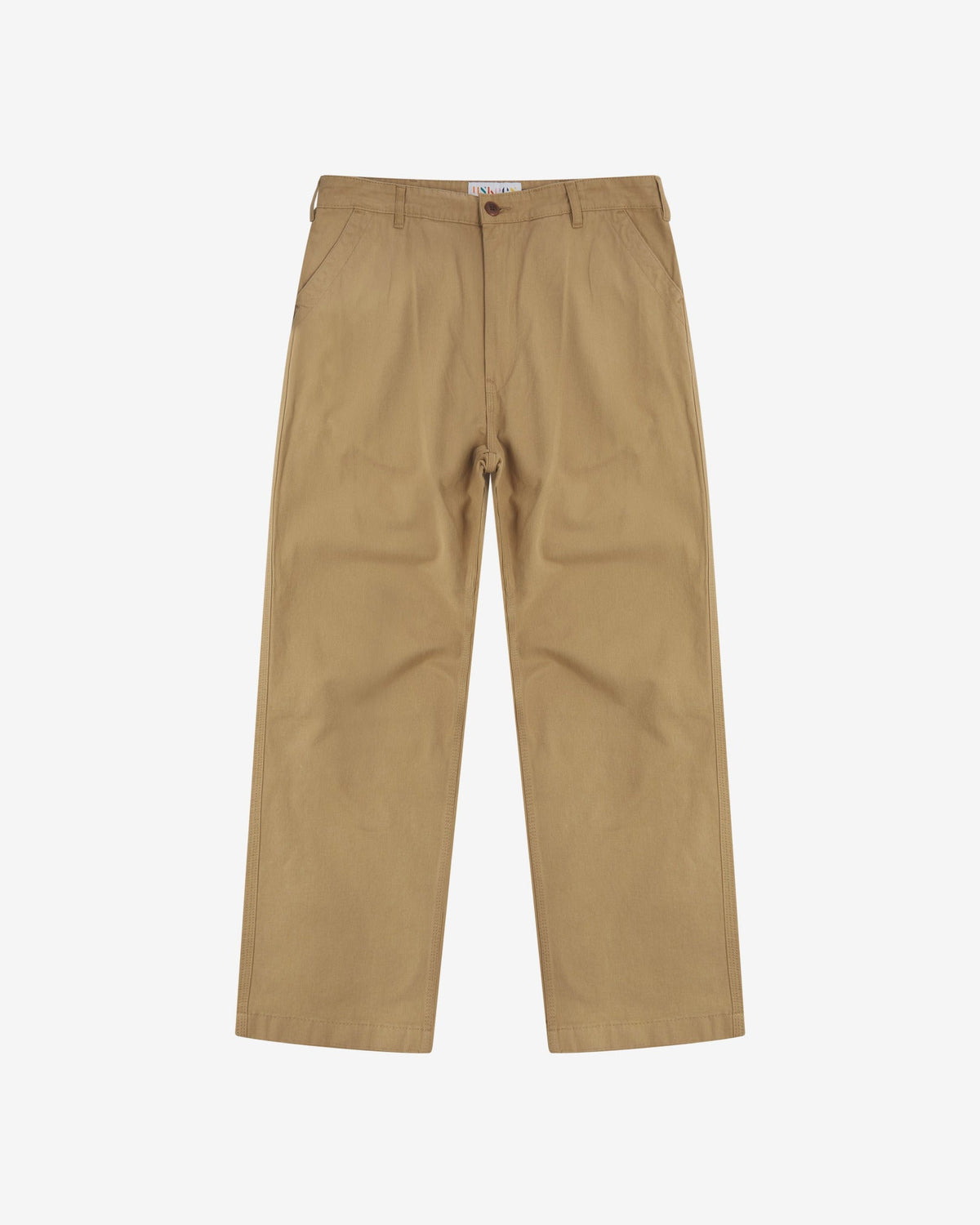 Full-length front view of Uskees twill workwear pants in khaki. Showing Corozo button fastening and tapered leg fit.