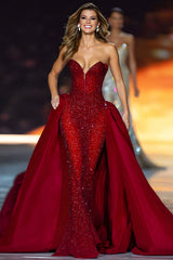 ZAPAKA Sparkly Dark Red Sequin Long Pageant Dress Mermaid Gala Dress with Cape Strapless Masquerade Ball Dress