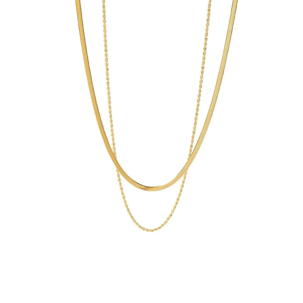 18K Layered Herringbone and Rope Chain Necklace