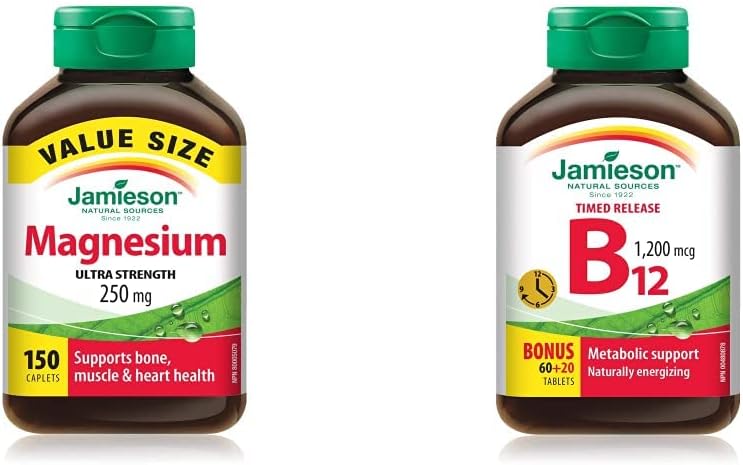 Jamieson Magnesium 250 mg Ultra Strength - Value Size & Vitamin B12 (Cobalamin) 1200mcg, Timed Release, 80tablets