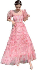 Bohemian Summer Pink Mesh Long Dress Runway Elegant Women Square Collar Flower Print Ruffles Holiday Beach Dress