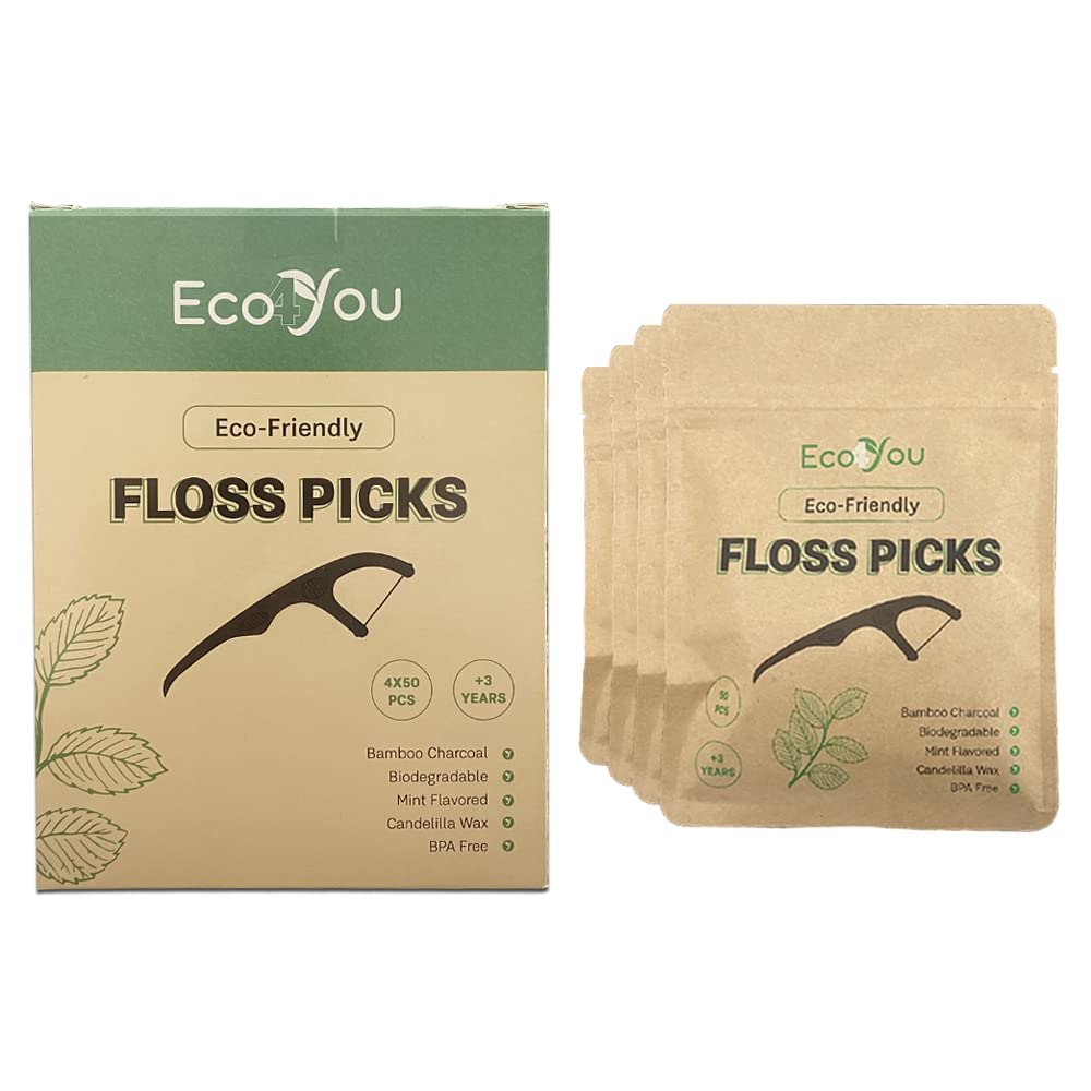 EcoYou Natural Bamboo Charcoal Dental Floss Picks | 200 Count (Pack of 4) | Candelilla Wax & Mint Flavored | Eco Friendly, Biodegradable, Plastic Free, Vegan, BPA Free - BeesActive Australia
