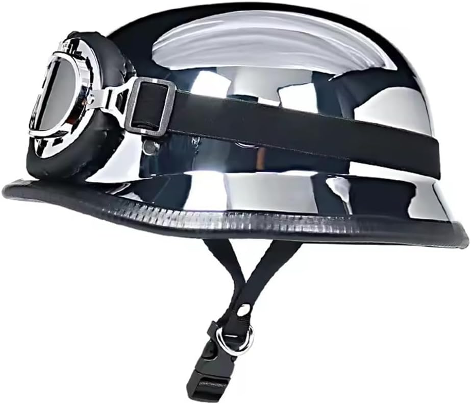 Motorcycle Half Helmets DOT Approved, German Style WW2 Helmet, Silver Chrome, Imitation Carbon Fiber Pattern, Man Woman Open Face Vintage Scooter Helmets