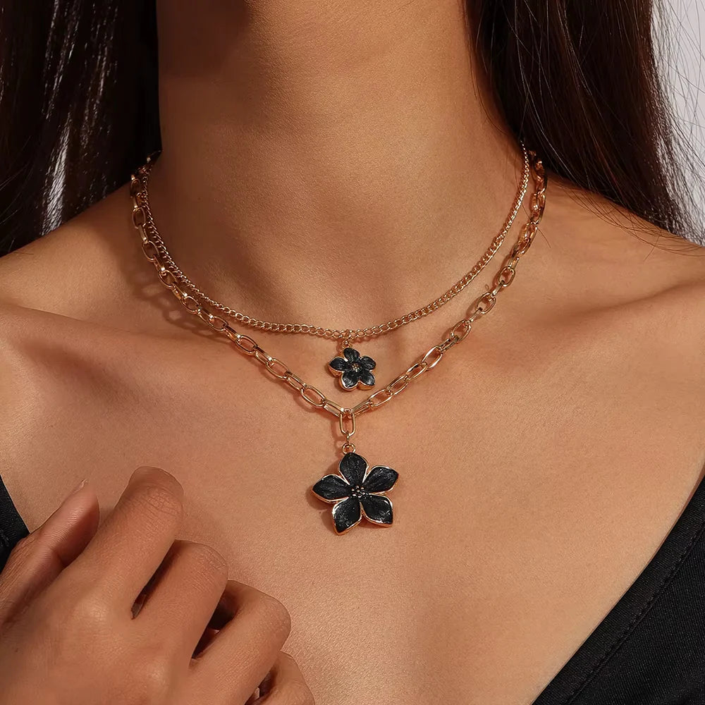 2pc Black Flower Necklace Set