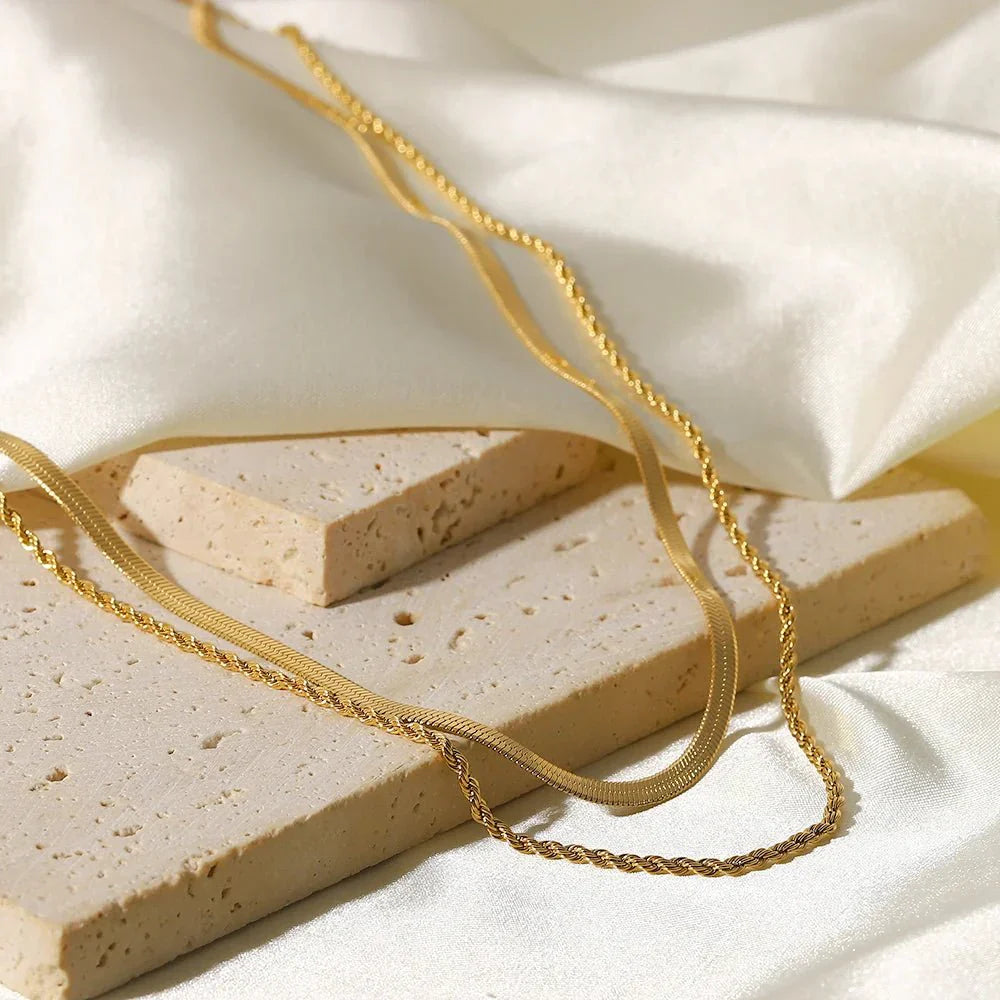 18K Layered Herringbone and Rope Chain Necklace