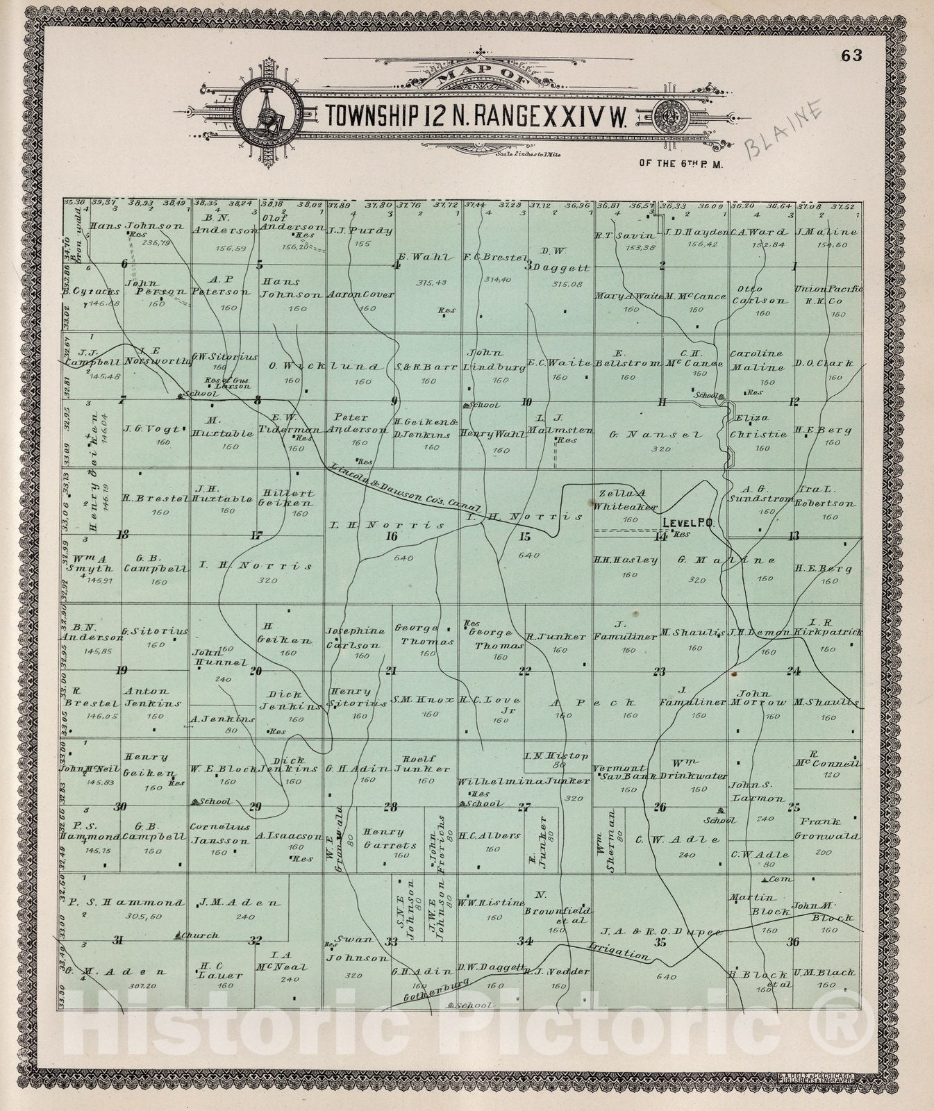 Historic Map : Dawson County Nebraska, County Atlas Map, Township 12 N. Range XXIV W. 1904 - Vintage Wall Art