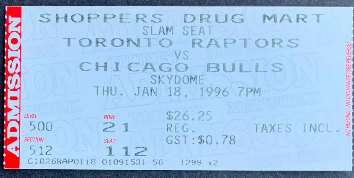 1996 Toronto Raptors vs Chicago Bulls NBA Ticket SkyDome Michael Jordan 38 Pts