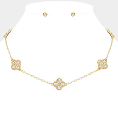 Gold Quatrefoil Station Necklace Stone Paved Clover Pendant Dainty Jewelry