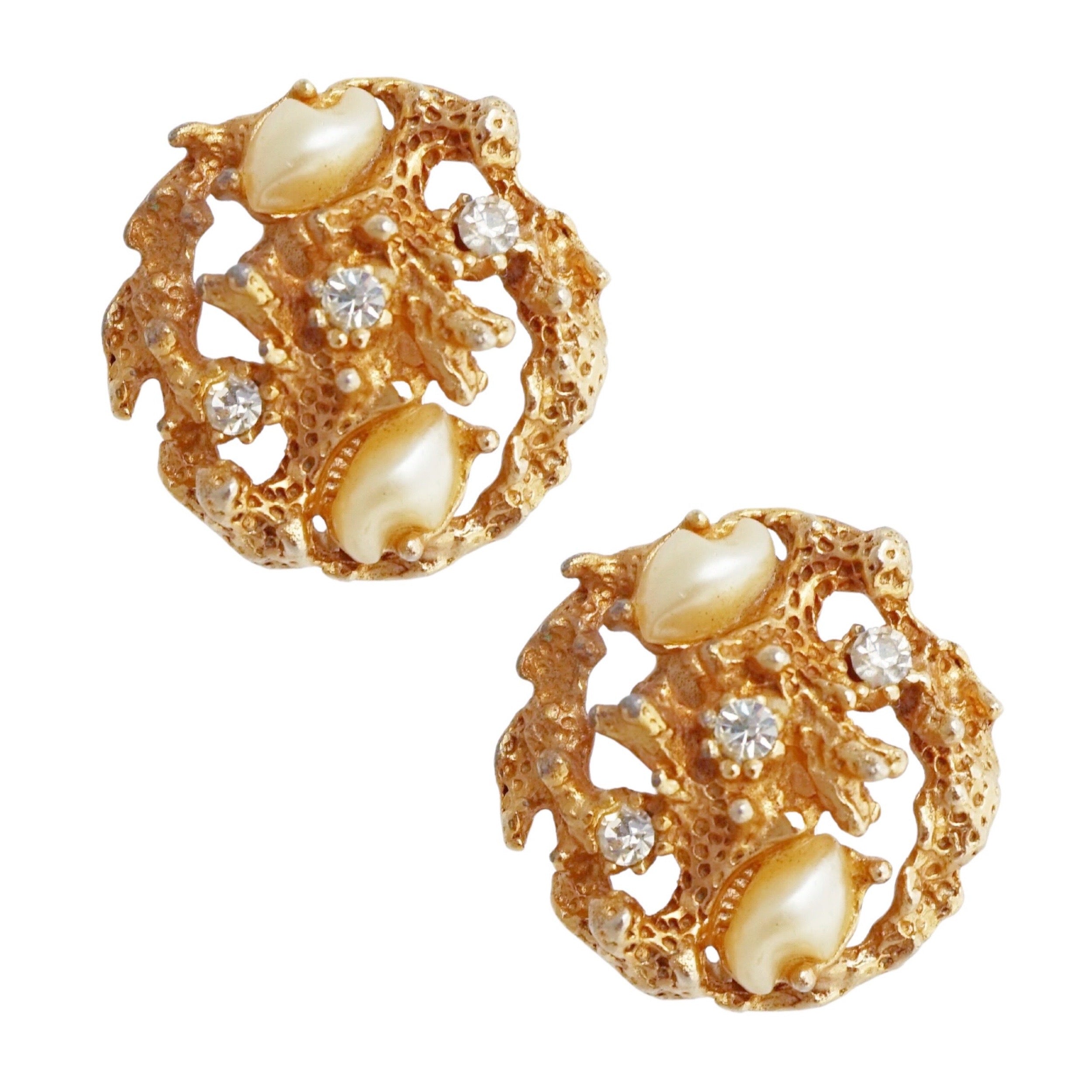 Gilt & Baby Tooth Pearl Brutalist Earrings, 1960s