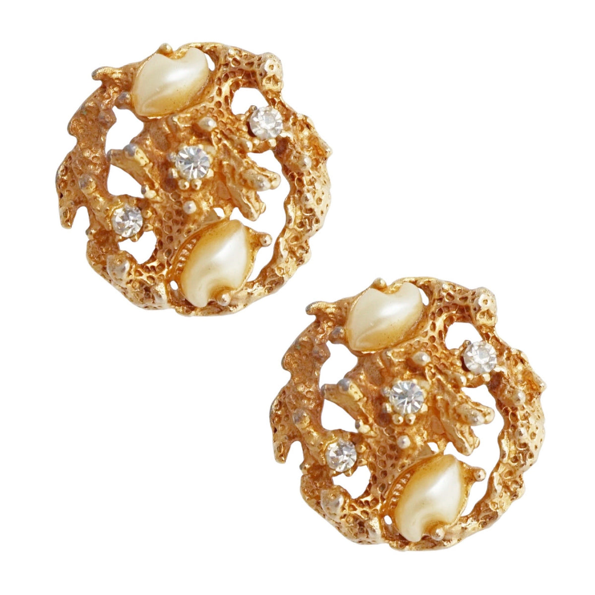 Gilt & Baby Tooth Pearl Brutalist Earrings, 1960s