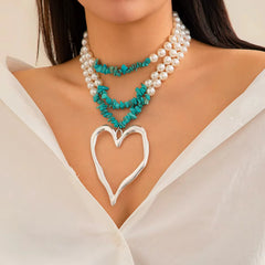Triple Layered Chunky Heart Pearl Necklace