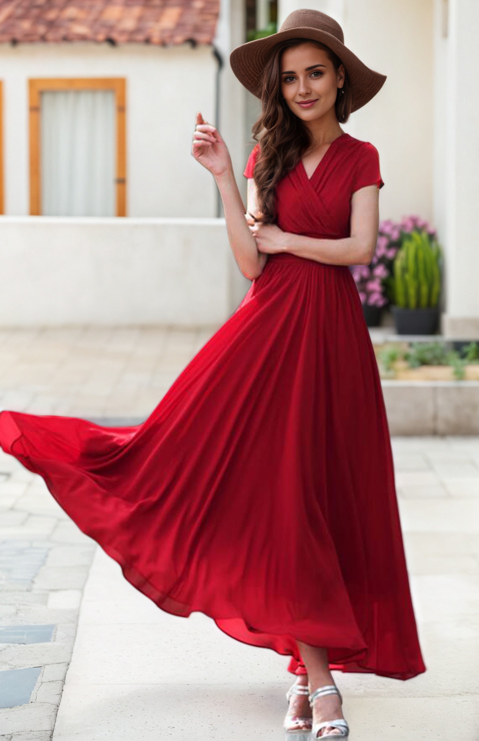 A woman in a flowing red chiffon empire waist wedding dress with cap sleeves, a V-neckline, and a maxi length that reaches the calf. She is wearing a wide brim hat and her dress is flowing in the wind.