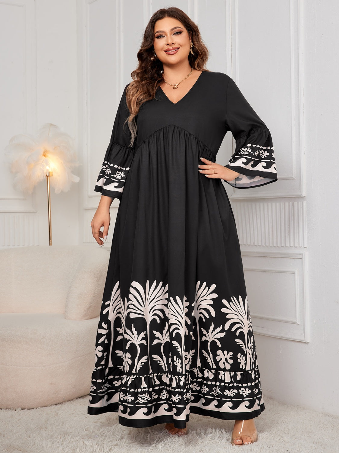 Plus Size Printed V-Neck Long Sleeve Maxi Dress - Charming Charlie