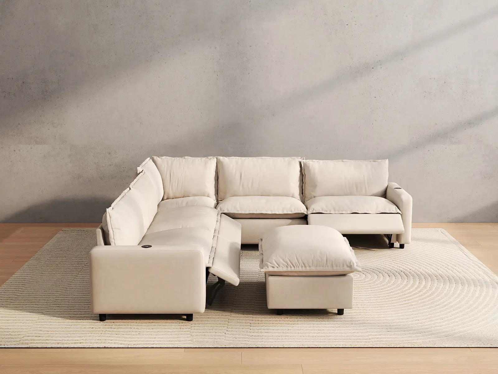 6 Piece Beige Linen Smart Layout Fit Sofa Sets 5 Seater with 1 Ottoman 5