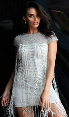 Jovani - 61780 Beaded Fringe Jewel Neck Sheath Dress in Silver