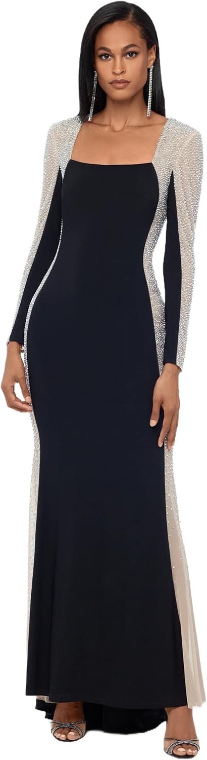 Xscape Women's Long Sleeve Evening Gown with Caviar Beaded Mesh Sleeves, Illusion Side Panels, Sheath Formal Dress