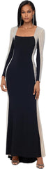 Xscape Women's Long Sleeve Evening Gown with Caviar Beaded Mesh Sleeves, Illusion Side Panels, Sheath Formal Dress