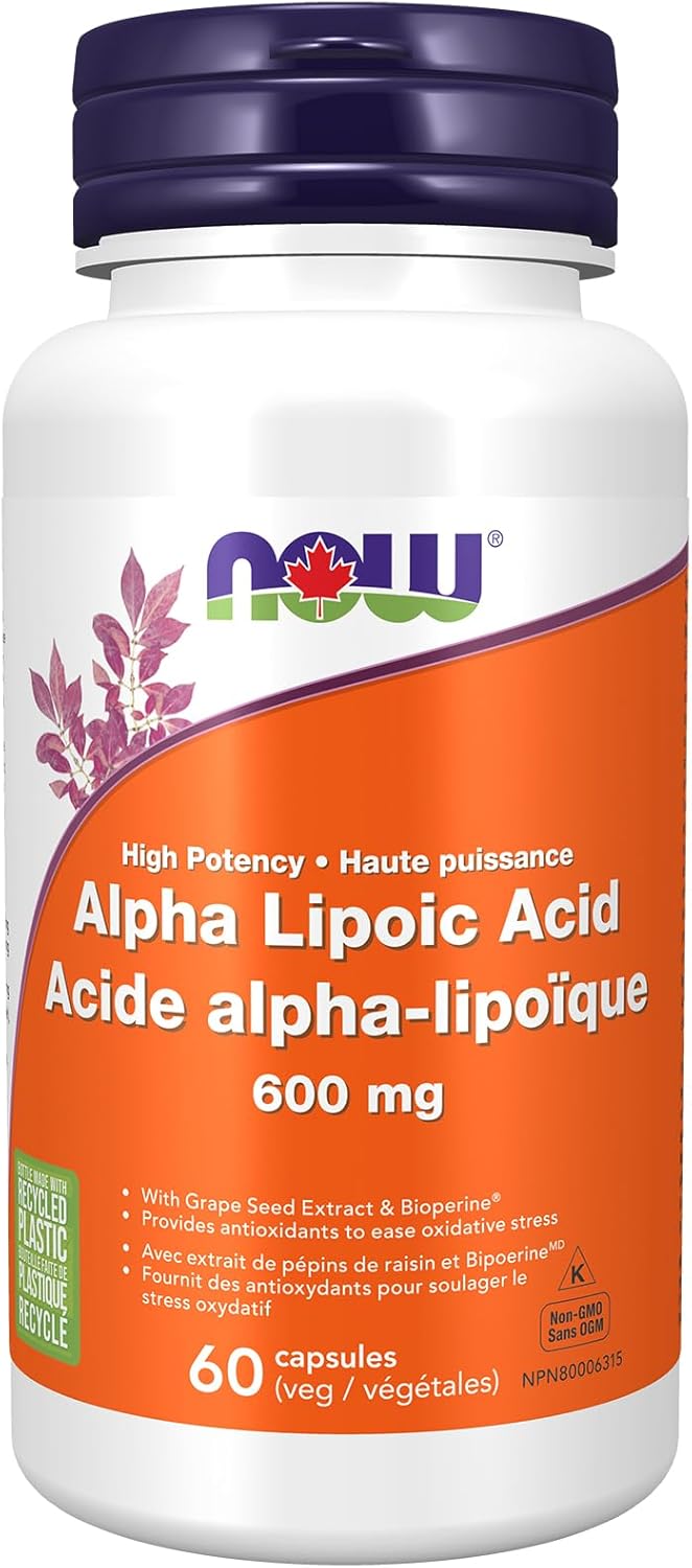 NOW Supplements, Alpha Lipoic Acid 600 mg with Grape Seed Extract & Bioperine, Extra Strength, 60 Veg Capsules