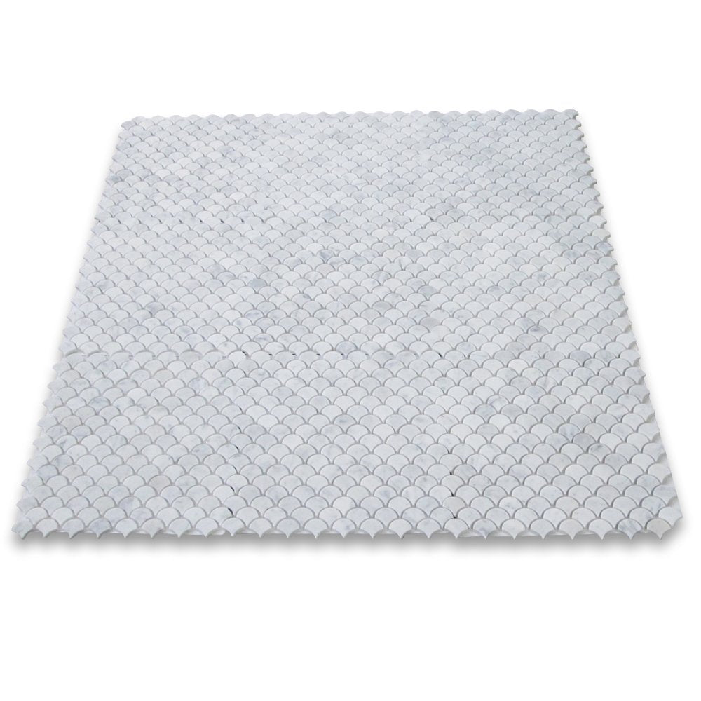 Carrara White Italian Carrera Marble Medium Fan Shaped Fish Scale Mosaic Tile Honed - Tilefornia