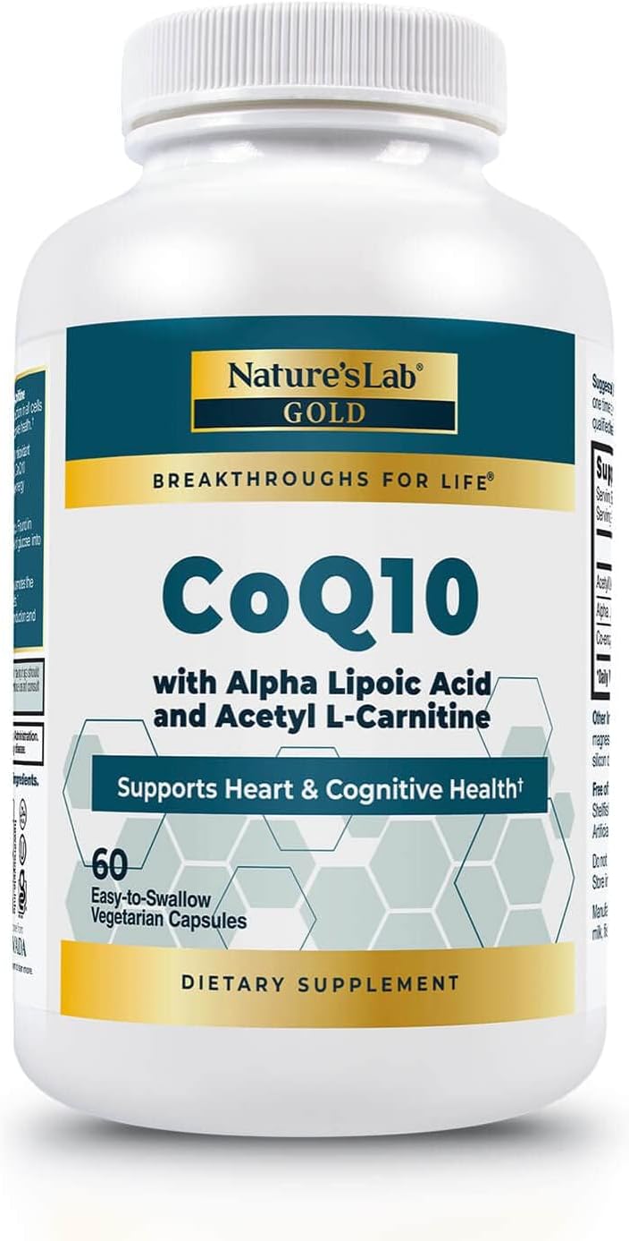 Nature's Lab CoQ10 200mg with Alpha Lipoic Acid & L-Carnitine - High Absorption Heart & Brain Support - Energy & Mitochondrial Function - 60 Capsules Gold
