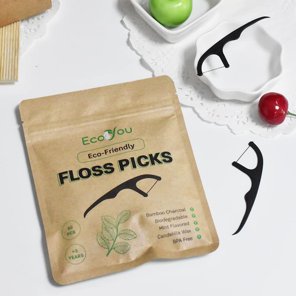 EcoYou Natural Bamboo Charcoal Dental Floss Picks | 200 Count (Pack of 4) | Candelilla Wax & Mint Flavored | Eco Friendly, Biodegradable, Plastic Free, Vegan, BPA Free - BeesActive Australia
