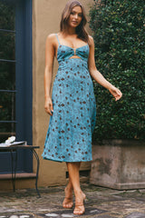 Melancholy Resin Buckle Midi Dress Floral Print Blue by Selfie Leslie