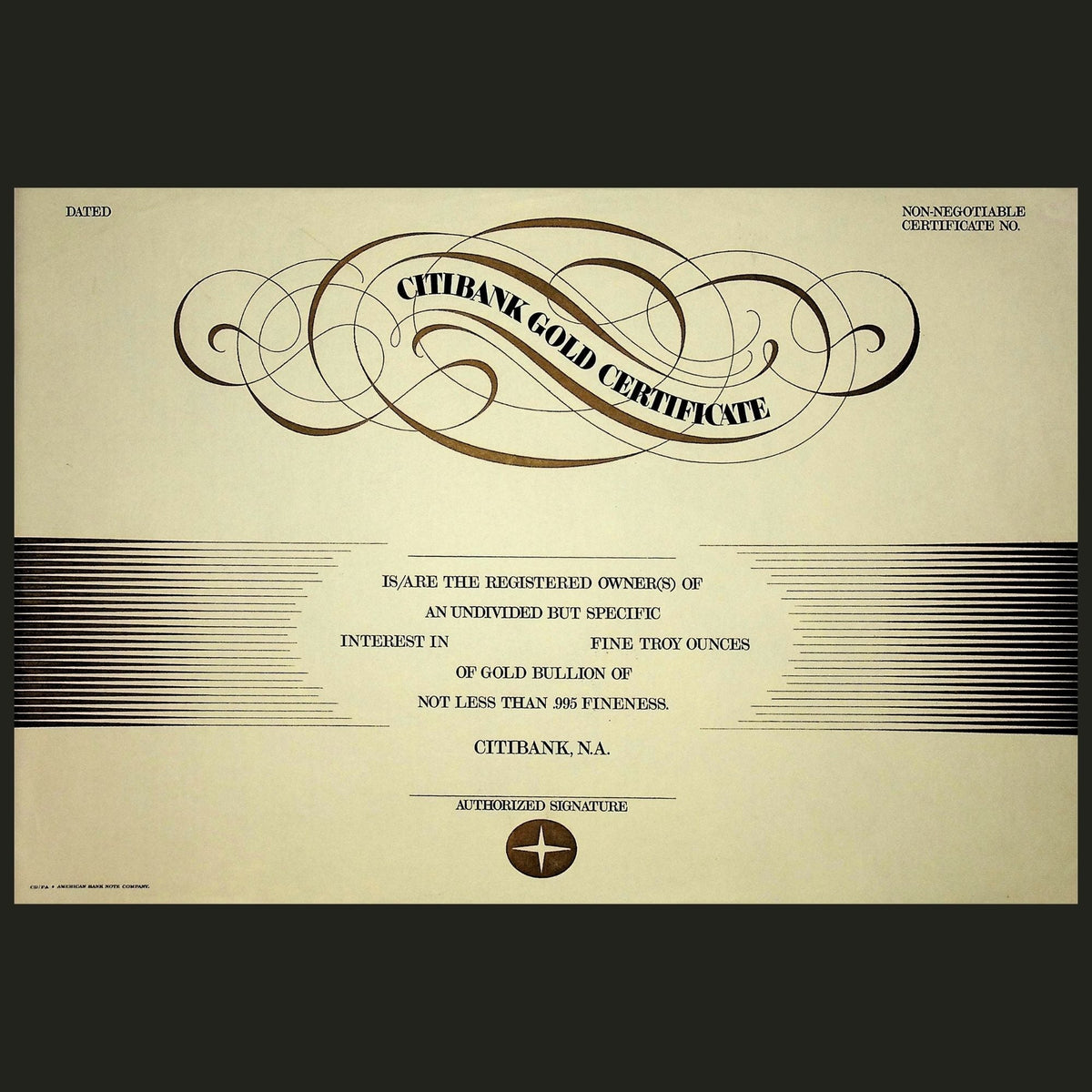 Citibank Gold Certificate - Unissued Certificate from 1930s