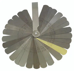 Deluxe feeler gauge with 31 precision blades including one brass blade, thickness range 0.0015" to 0.035