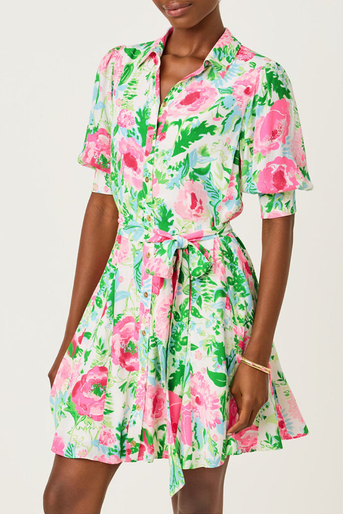 Belted Puff Sleeve Button Front Floral Dress