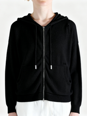 Black hoodie worn by a person, showing the hoodie fit