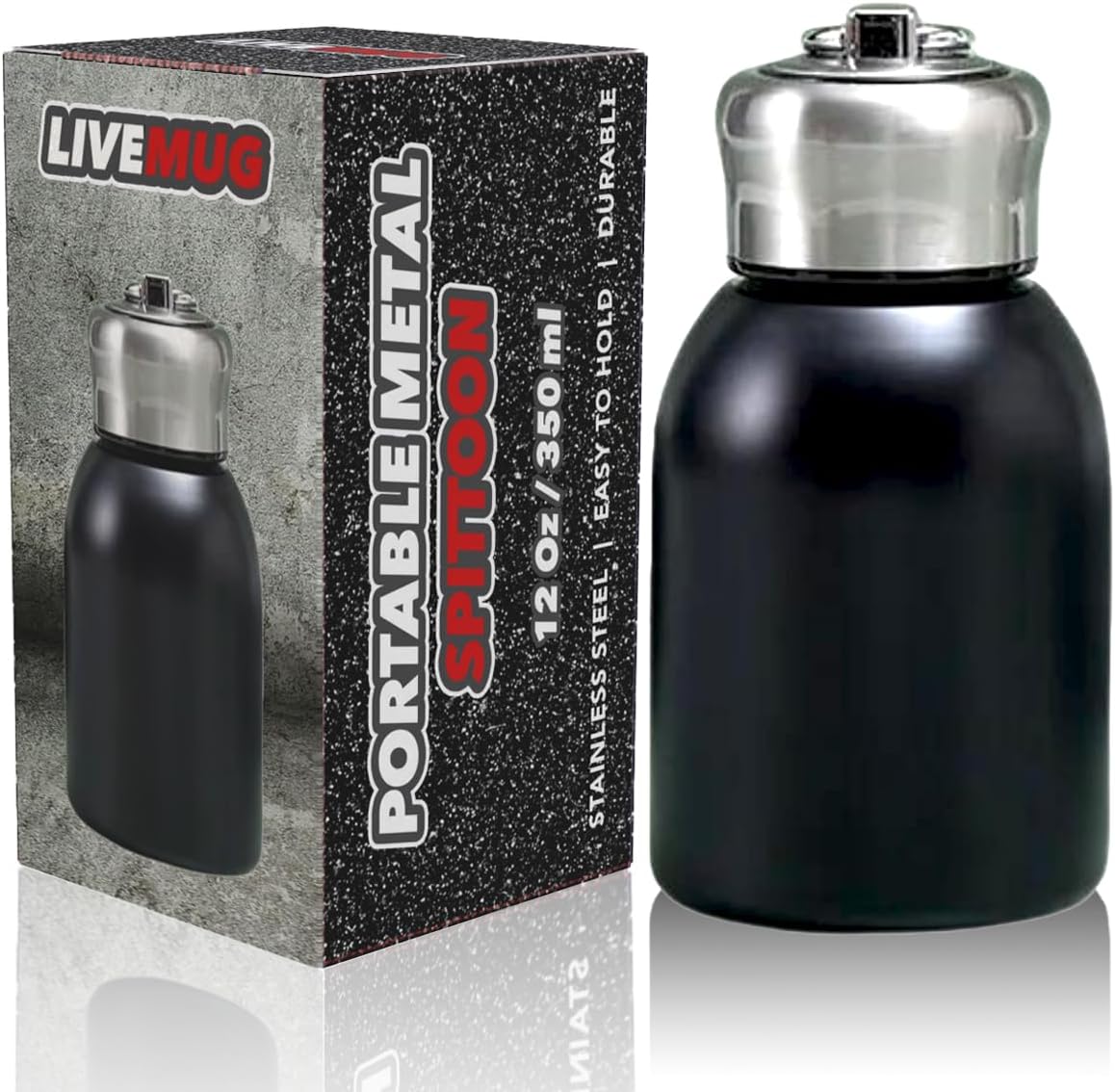Spittoon for Chewing Tobacco | Stainless Steel Portable Spit Cup, Dip Spitting Accessories | Wide Mouth Spill Resistant Spitter Jug with Lid | Travel Spitune 12 Oz, Black