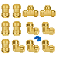 SUNGATOR Push Pex Fittings 3/4 Inch, 5 Each Coupling and Elbow, Tee (2 PCS), No Lead Brass Push-to-Connect Plumbing Fittings for Pex Pipe, Copper, CPVC, with 1 Disconnect Clip, Pack of 12