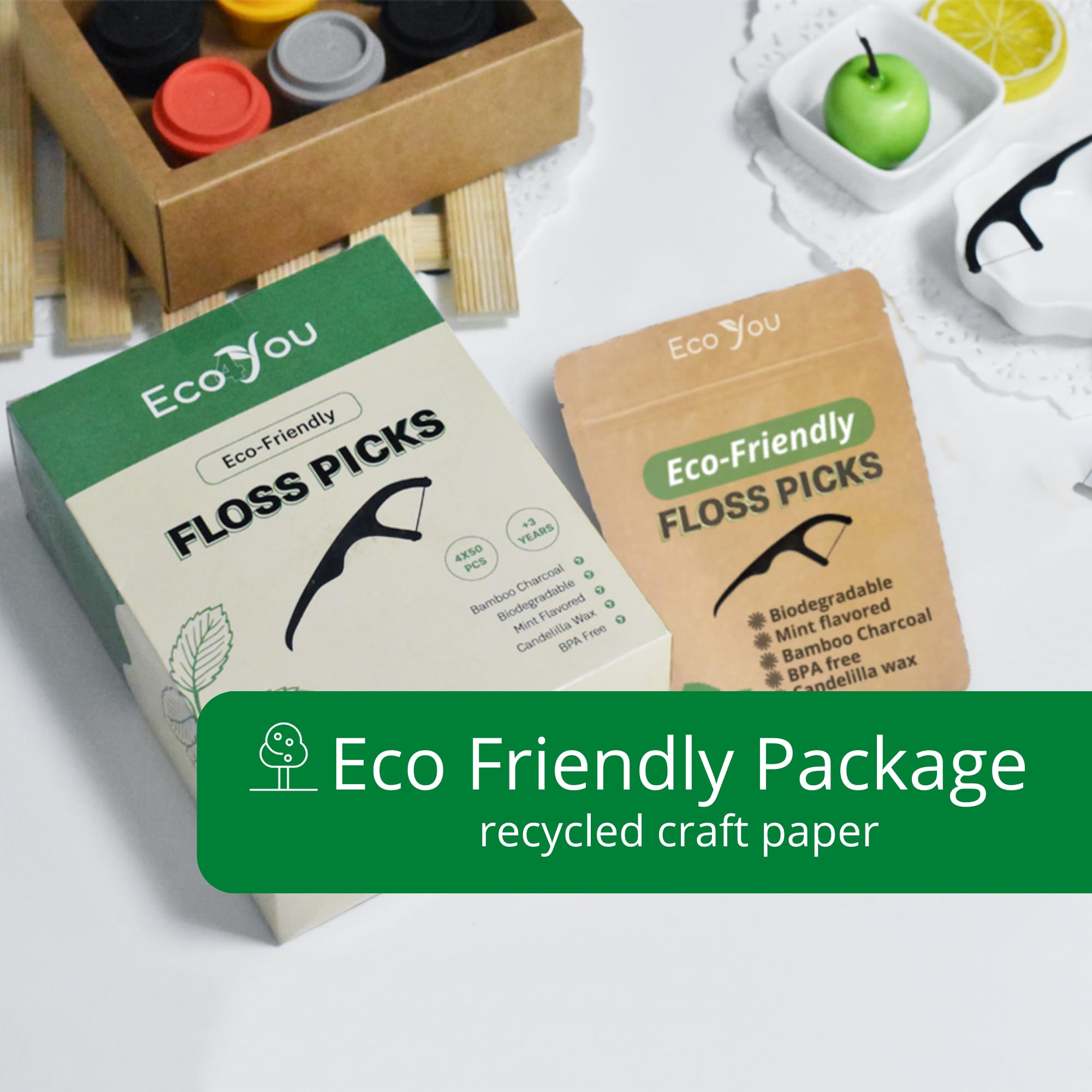 EcoYou Natural Bamboo Charcoal Dental Floss Picks | 200 Count (Pack of 4) | Candelilla Wax & Mint Flavored | Eco Friendly, Biodegradable, Plastic Free, Vegan, BPA Free - BeesActive Australia