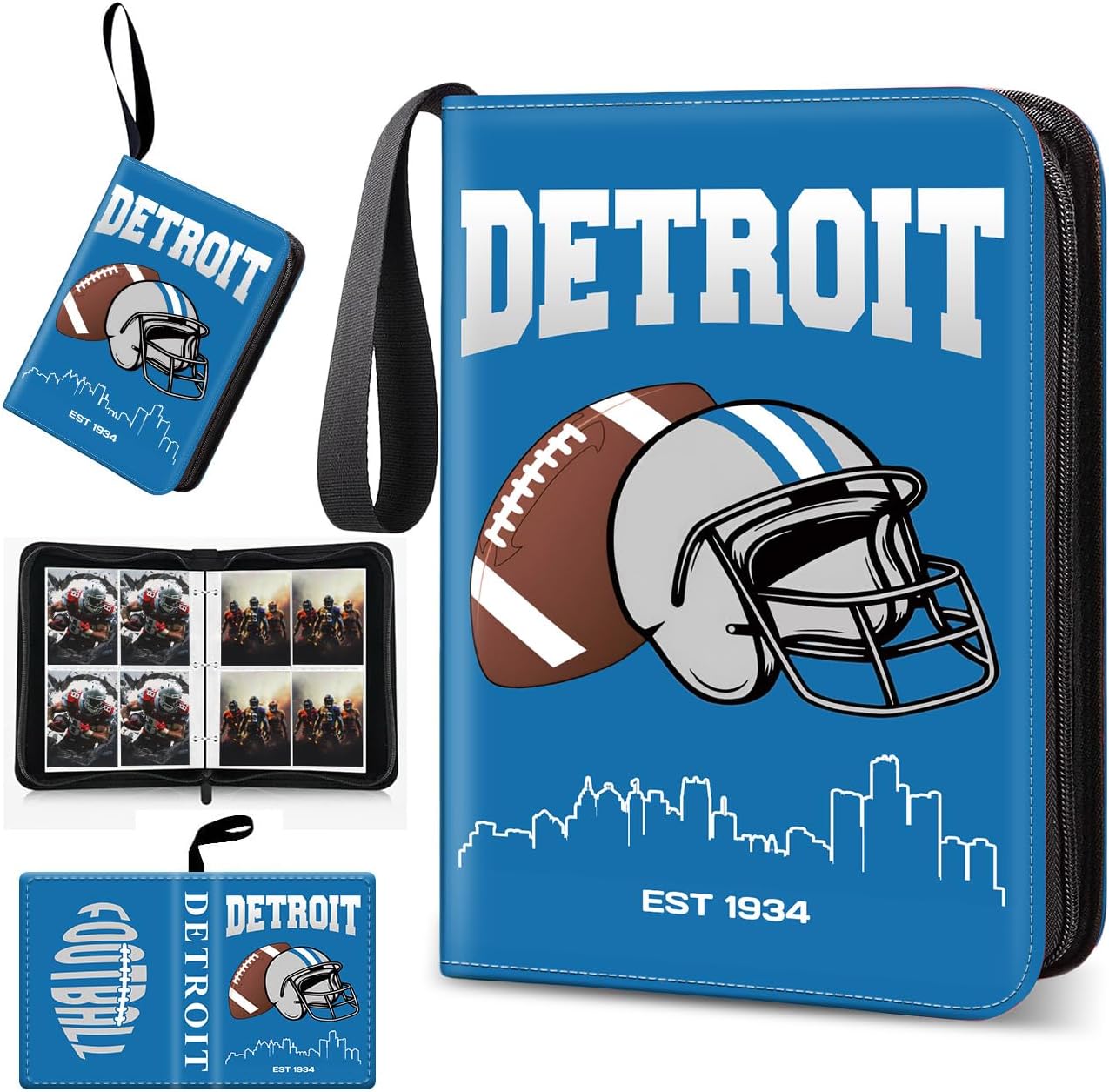 Football Card Binder, Detroit Trading Card Holder Protectors, 4 Pocket Fits 400 Cards with 50 Removable Sleevesves Card Storage Album Folder Case Collector