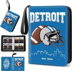 Football Card Binder, Detroit Trading Card Holder Protectors, 4 Pocket Fits 400 Cards with 50 Removable Sleevesves Card Storage Album Folder Case Collector
