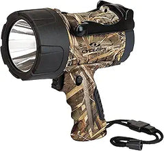 Camo handheld spotlight with large lens, black accents, and lanyard for outdoor use