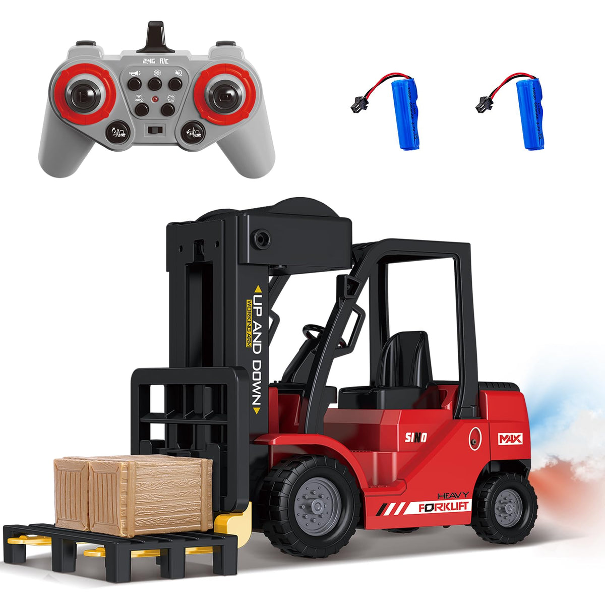 Mostop Ferngesteuerter Gabelstapler Spielzeug, 1/24 Rc Gabelstapler Spielzeug, mit Boxen/Ton- und Lichtspray, Zwei wiederaufladbare Batterien & Ladegerät, Technik Auto Junge Geschenk
