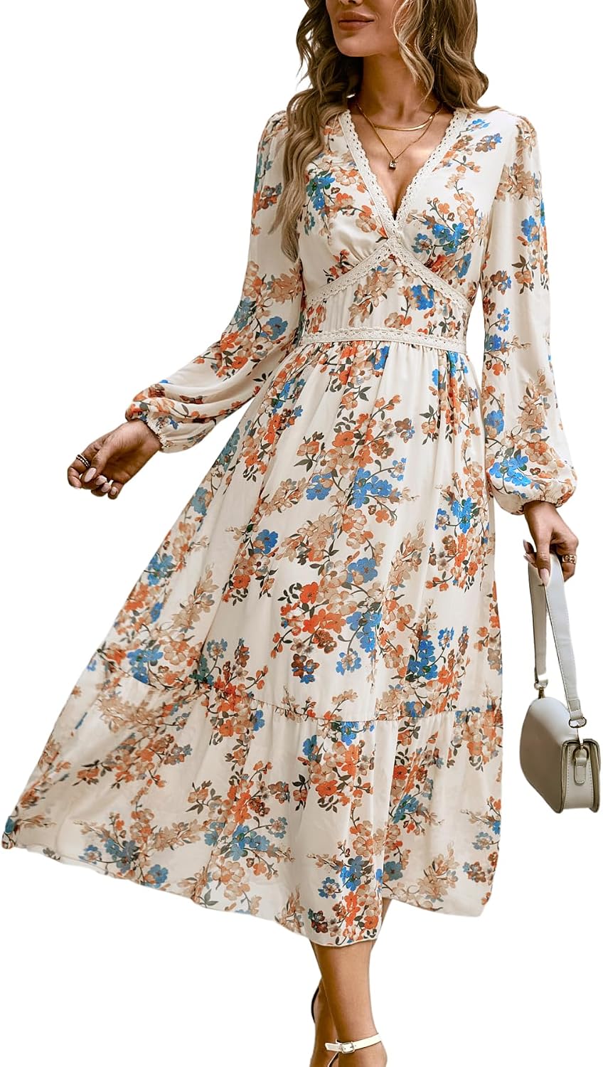 Women's Spring Wrap Maxi Dress Floral V Neck Long Sleeve Wedding Guest Party Casual Chiffon Dress