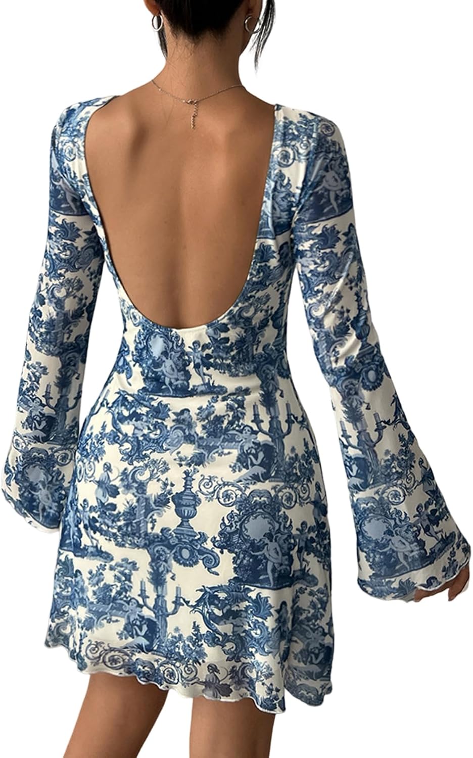 Milumia Women's Floral Long Bell Sleeve Backless Mini Dress Party Date Night Going Out Dresses
