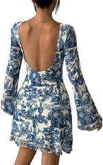 Milumia Women's Floral Long Bell Sleeve Backless Mini Dress Party Date Night Going Out Dresses