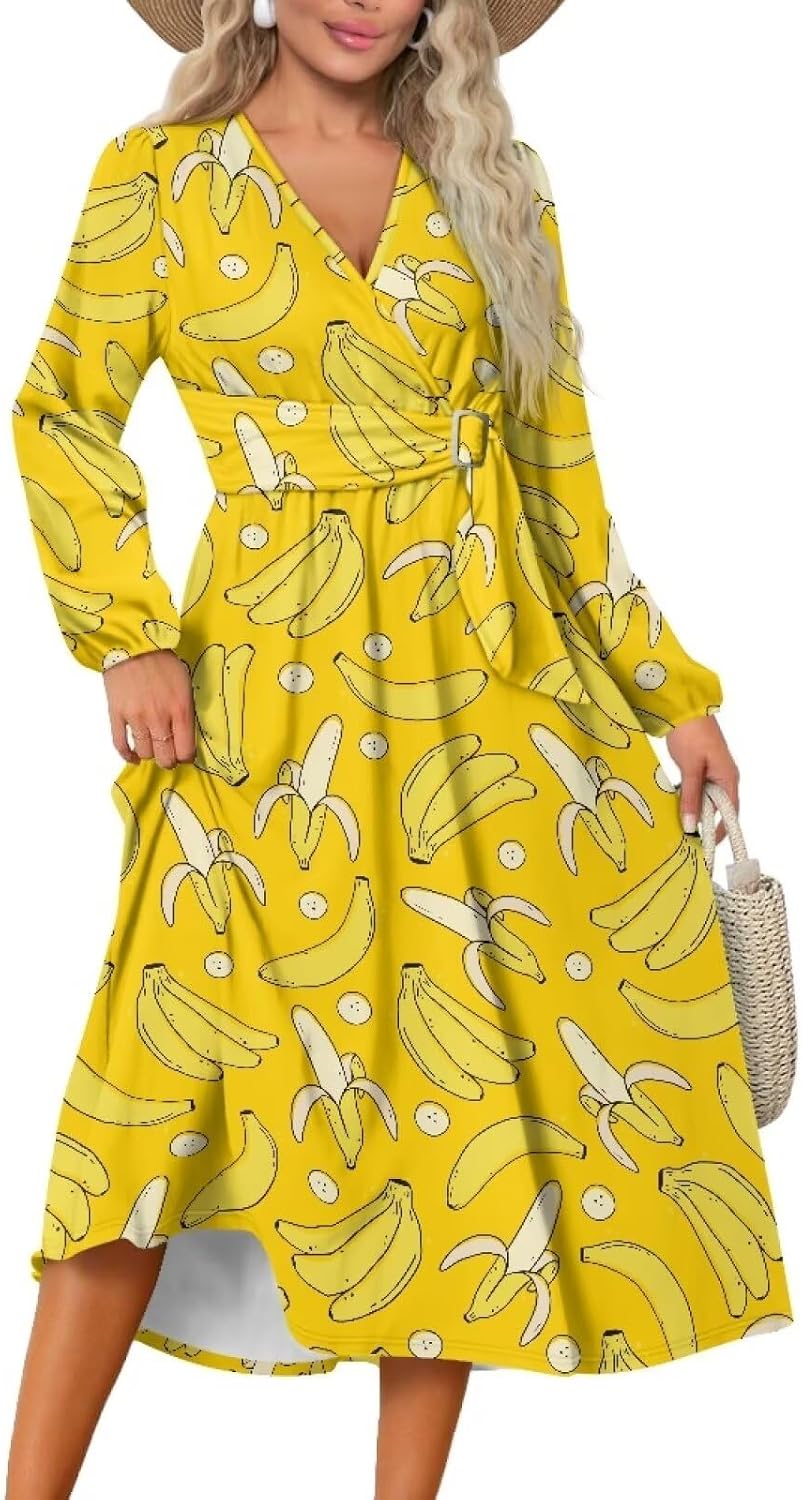 Womens Dresses 2024 Fall Long Sleeve Midi Dress Casual Classic V Neck Loose Flowy Tie Waist Belted Long Dress