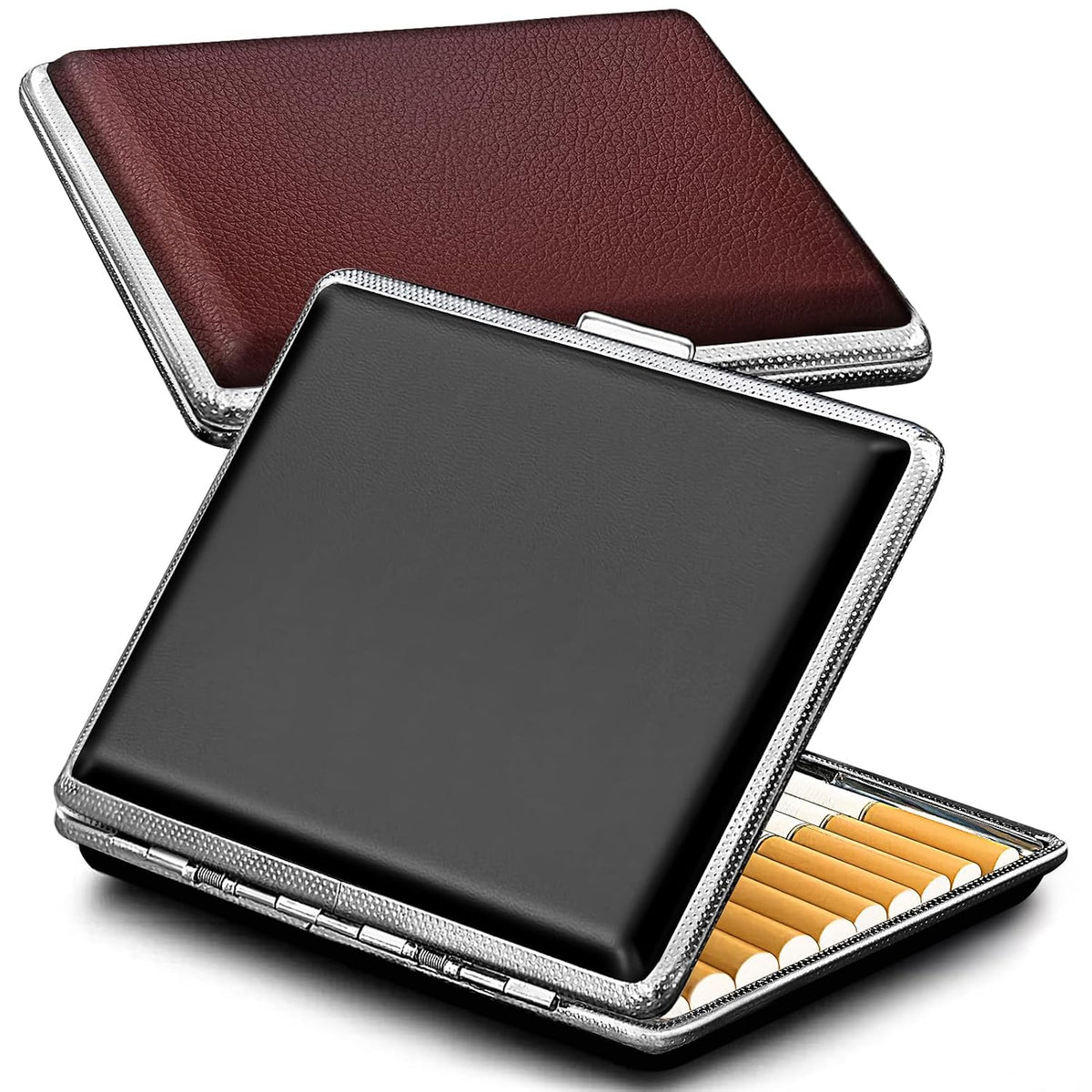 roygra Cigarette Case (2 Pack), Spring Switch 20 Capacity Cigarette Holder Case for Men Women, Cigarettes Smoking Accessories for Smoke, Metal & Leather Box for Regular, King Size and 100mm 100's