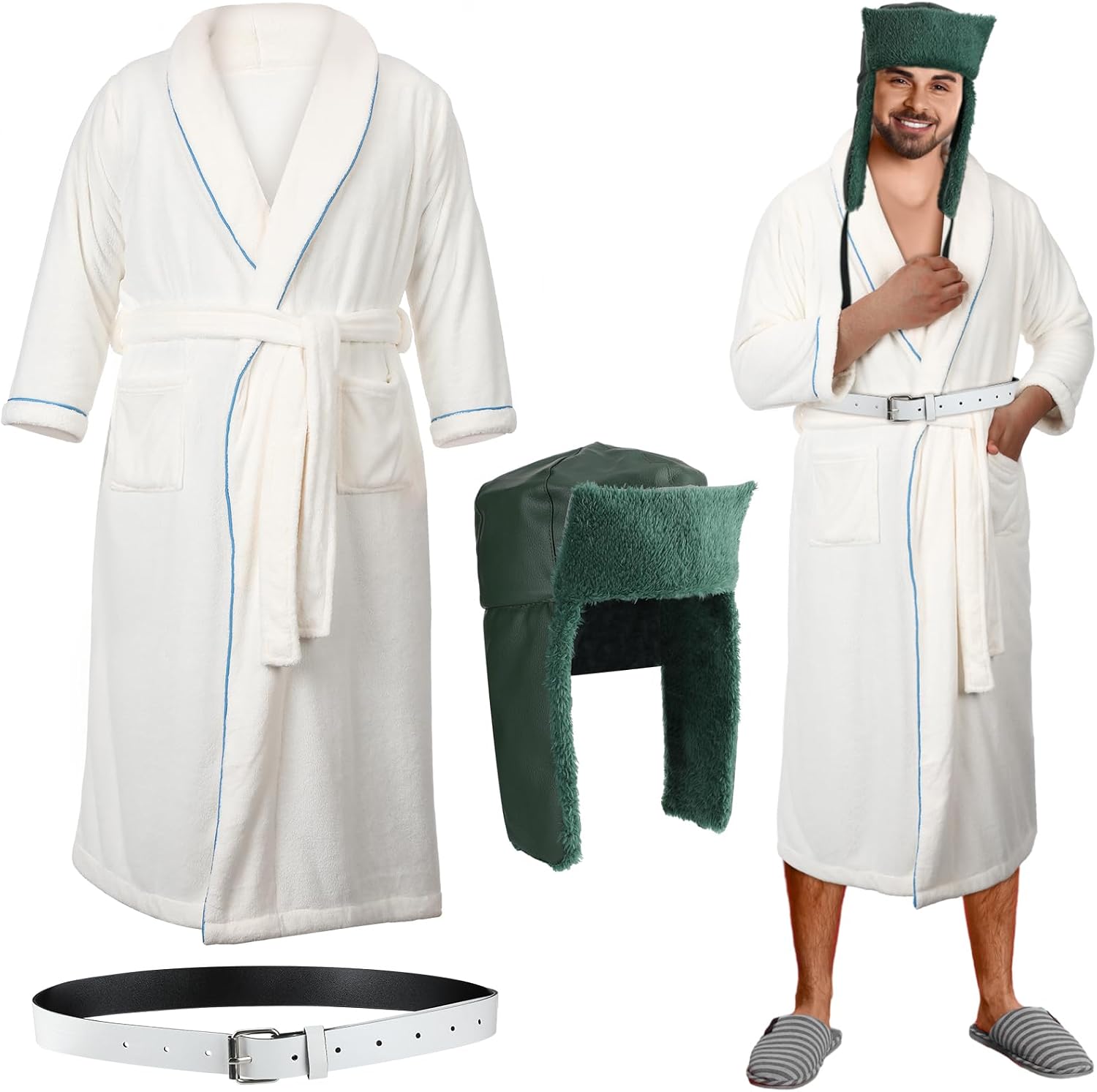 Funtery 3 Pcs Christmas Vacation Costume Set Movie Character Costumes with Green Trapper Hat White Lightweight Waffle Robe and Belt for Men Adult Christmas Halloween Cosplay Party Accessory