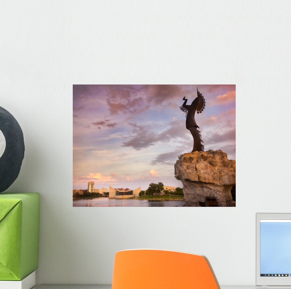 Beautiful Sunset With Keeper Of The Plains In Wichita Kansas Wall Mural