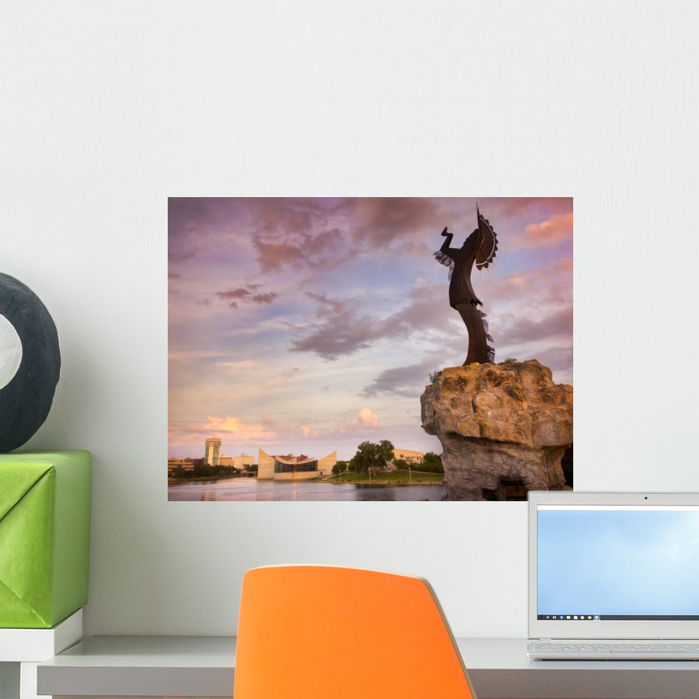 Beautiful Sunset With Keeper Of The Plains In Wichita Kansas Wall Mural