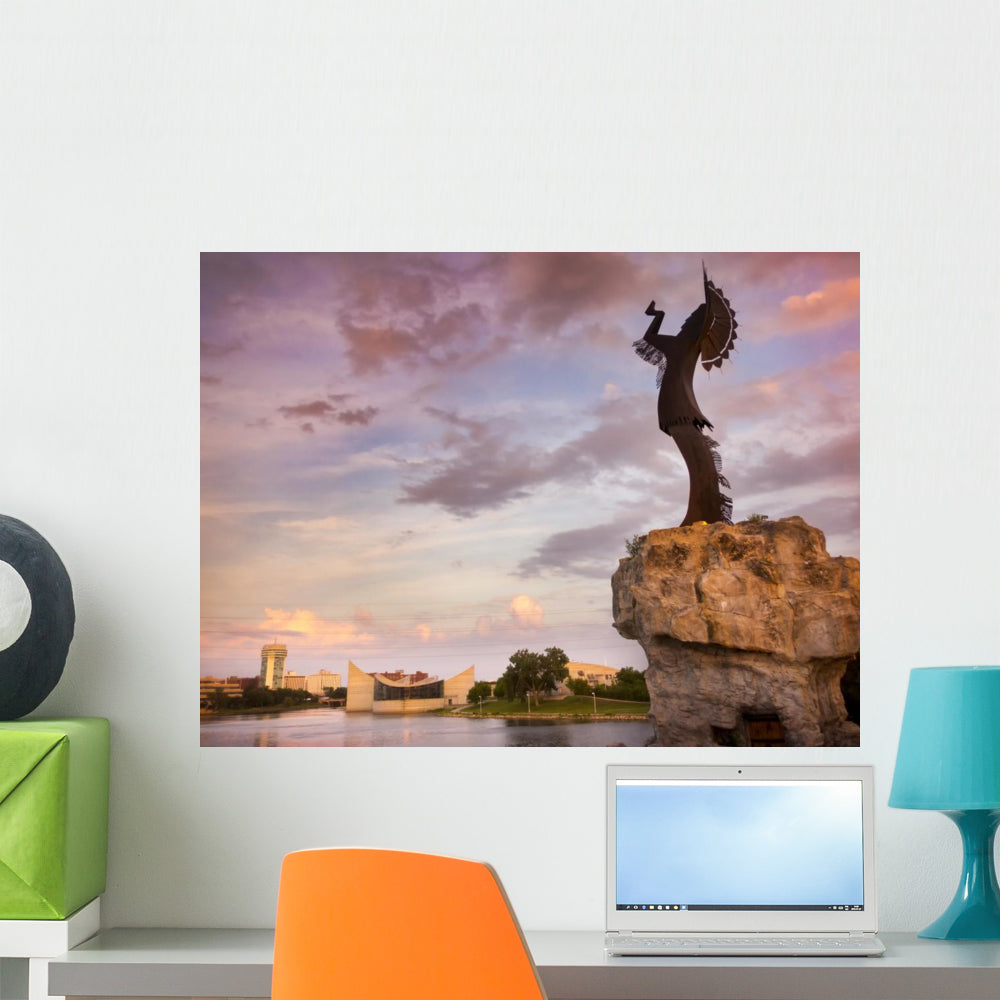 Beautiful Sunset With Keeper Of The Plains In Wichita Kansas Wall Mural