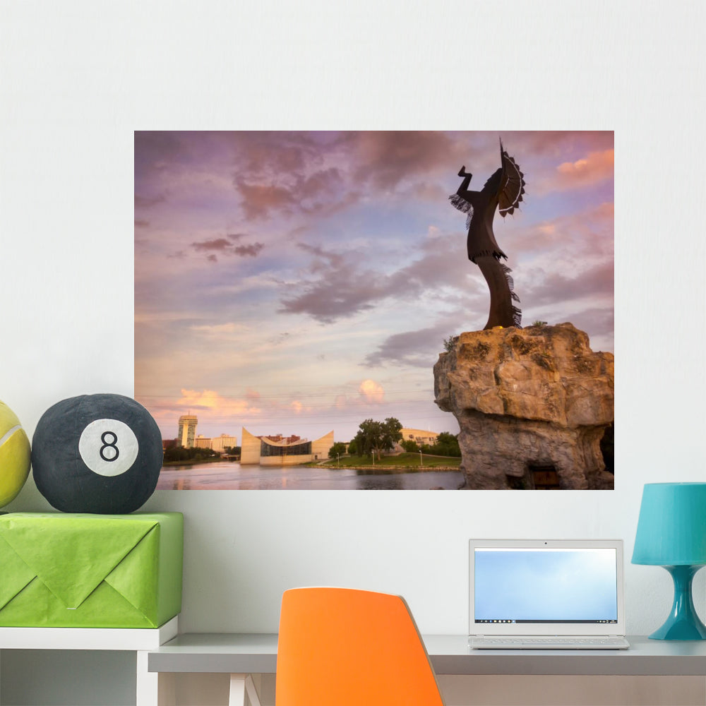 Beautiful Sunset With Keeper Of The Plains In Wichita Kansas Wall Mural