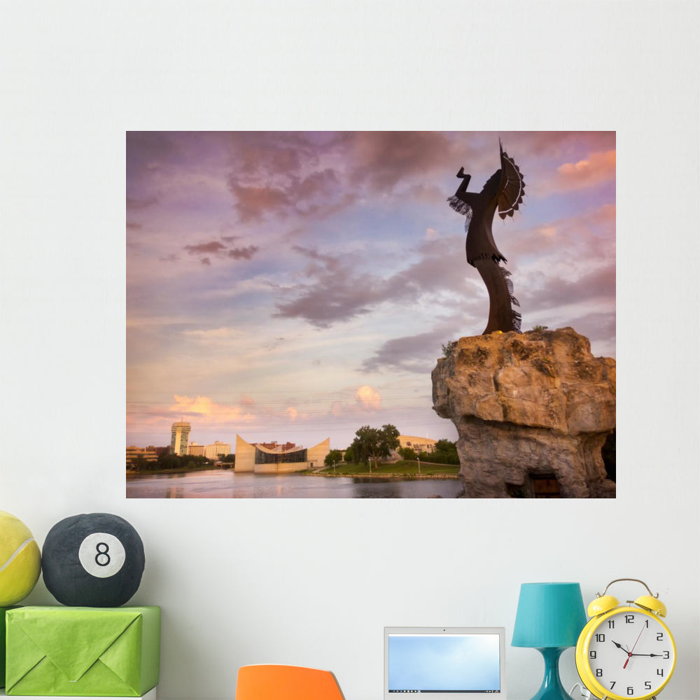 Beautiful Sunset With Keeper Of The Plains In Wichita Kansas Wall Mural