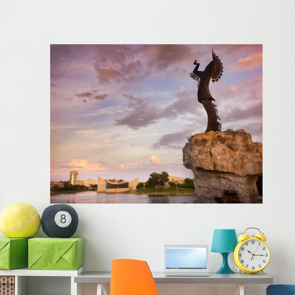 Beautiful Sunset With Keeper Of The Plains In Wichita Kansas Wall Mural